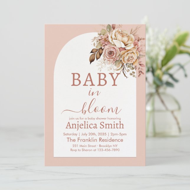 Invitación Bebé en Bloom Primavera Baby Shower floral marrón (Anverso de pie)