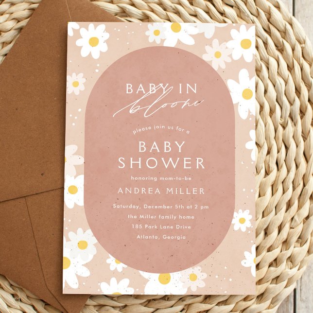 Invitación Bebé en Bloom Retro Daisida Baby Shower ("baby in bloom" baby shower invitation with daisies)