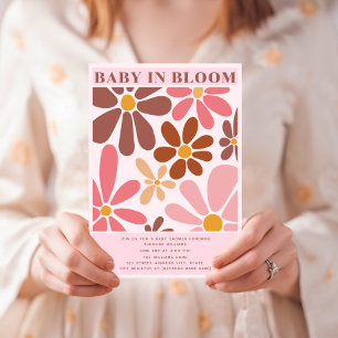 Invitación Bebé En Bloom Retro Vintage Terracotta Floral Rosa