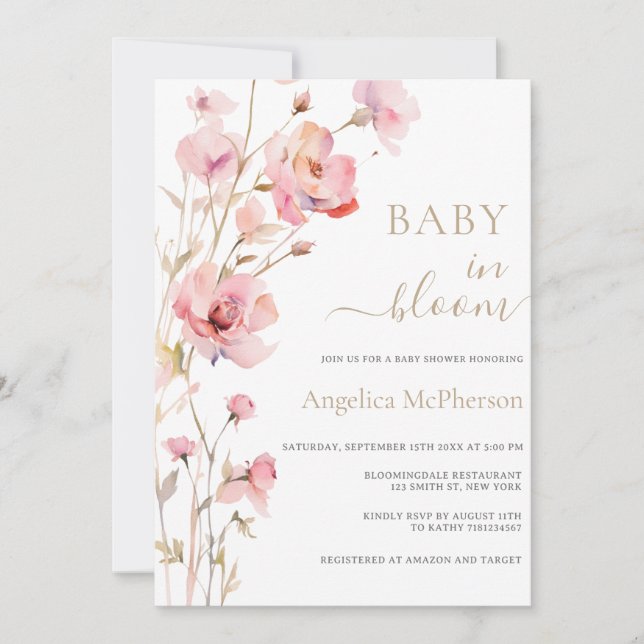 INVITACIÓN BEBÉ EN BLOOM ROSA RUBOR GOLD CHAMPAGNE FLORAL (Anverso)