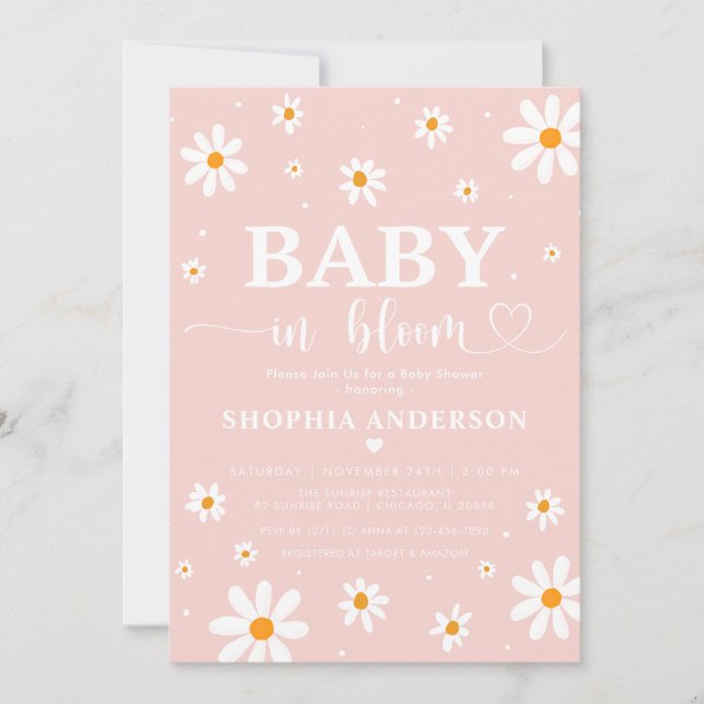 Invitación Bebé En Bloom Rubor Boho Daisy Chica Floral Ducha (Anverso)