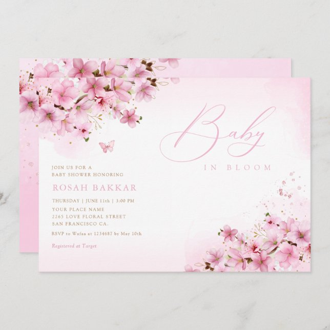 Invitación Bebé en Bloom Rubor Chica Floral Rosa (Anverso / Reverso)