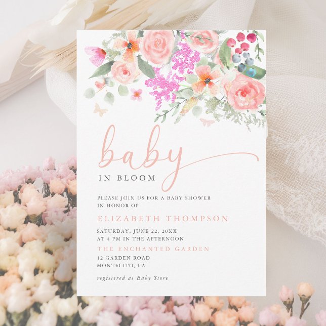 Invitación Bebé en Bloom Sunny Garden Chica Floral Baby Showe (baby in bloom invitation colorful floral elegant modern calligraphy sunny garden party backyard)