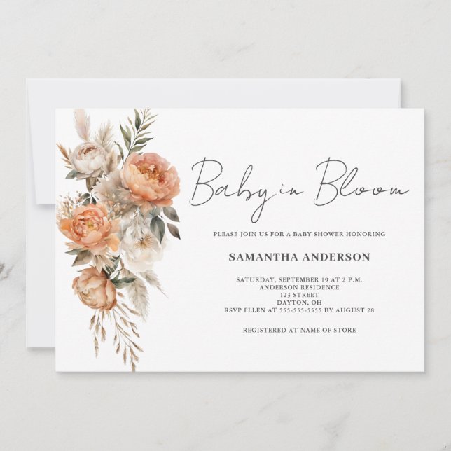Invitación Bebé En Bloom Terracotta Boho Floral Baby Shower (Anverso)