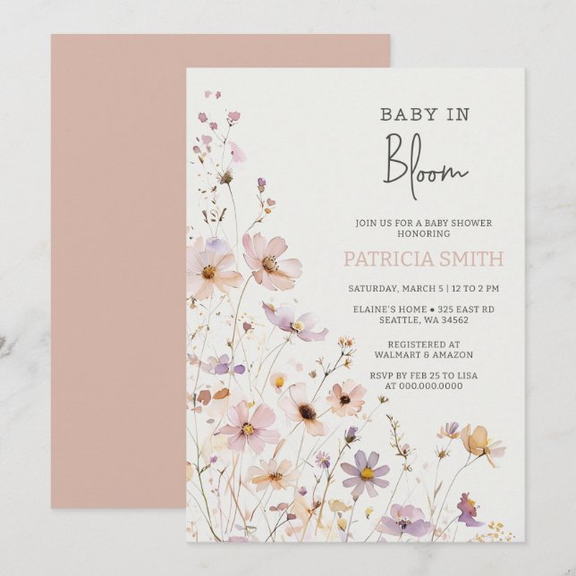 Invitación Bebé en Bloom Wildflowers Baby Girl Baby Shower (Anverso / Reverso)