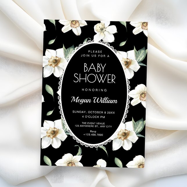 Invitación Bebé en camino de flores blancas y negras (Subido por el creador)