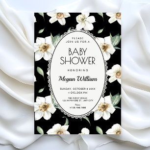 Invitación Bebé en camino de flores blancas y negras