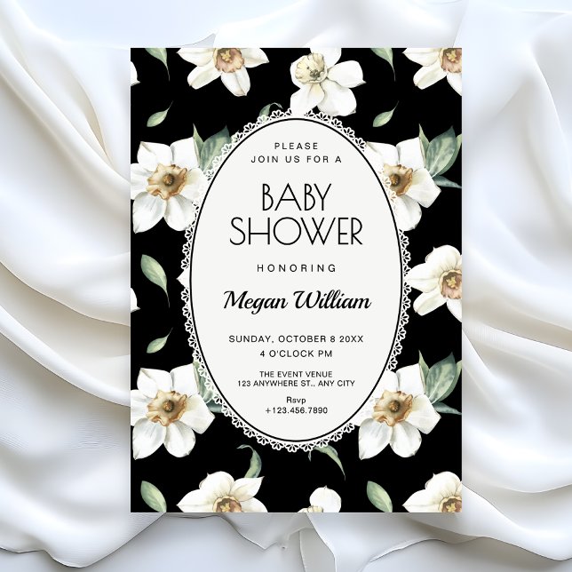Invitación Bebé en camino de flores blancas y negras (Subido por el creador)