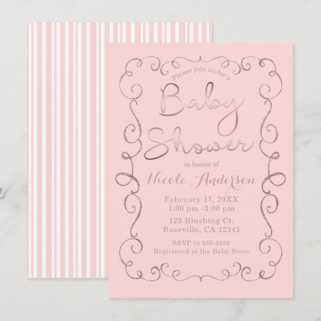 Invitación Bebé en camino Rosa Antiguo con Brillo Rosa Oro (Anverso / Reverso)