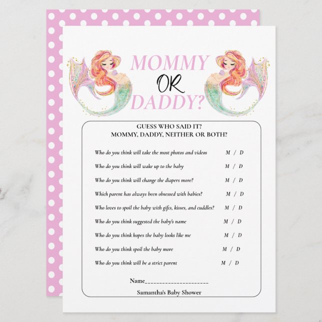 Invitación Bebé en camino Sirena Bajo el mar. Mamá o Papá (Anverso / Reverso)