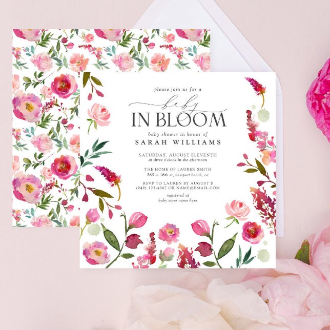 Invitación Bebé En Chica Rosado De Bloom Ducha Floral De Agua (Baby Shower Invitation)