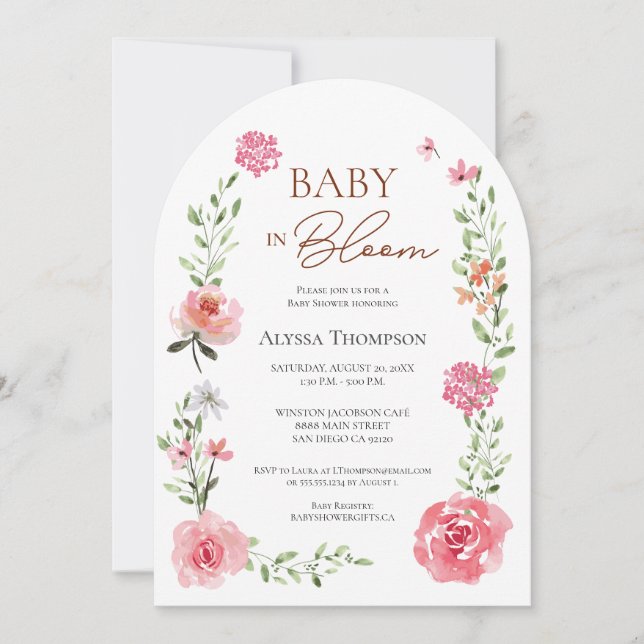 Invitación Bebé en el arco de Baby Shower con temática floral (Anverso)
