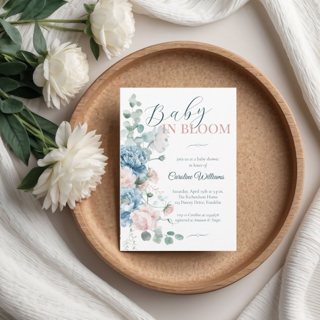 Invitación Bebé en el Baby Shower azul turbio y en flor (Subido por el creador)