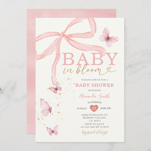 Invitación Bebé en el Baby Shower Chica de Bow Rosado (Anverso / Reverso)