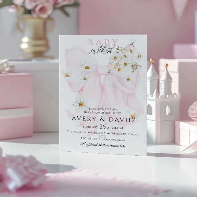 Invitación Bebé en el Baby Shower Chica de Bow Rosado en Bloo (Subido por el creador)