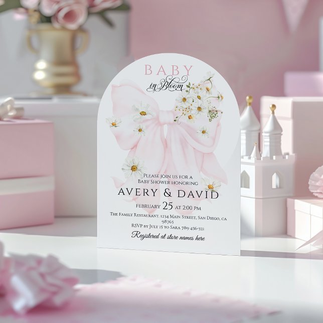 Invitación Bebé en el Baby Shower Chica de Bow Rosado en Bloo (Subido por el creador)