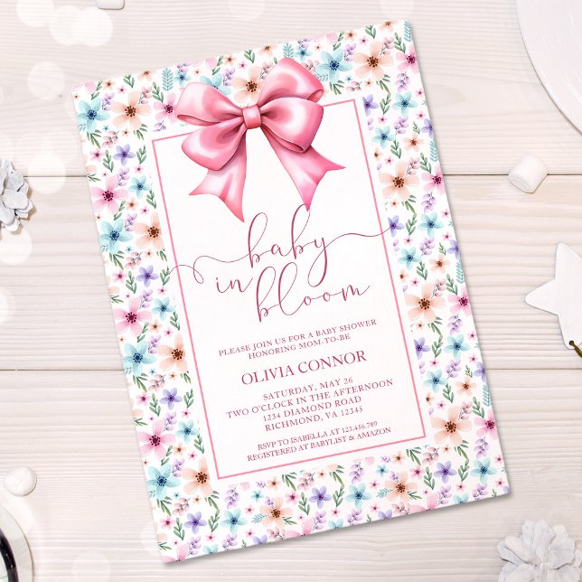 Invitación Bebé en el Baby Shower Chica Floral de Bow Rosado (Subido por el creador)