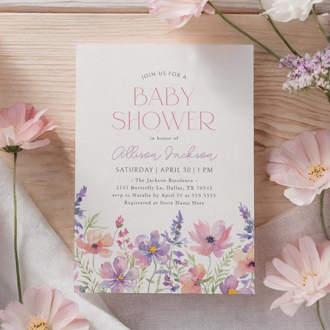 Invitación Bebé en el Baby Shower de Flor Silvestre Rosa Púrp (Subido por el creador)