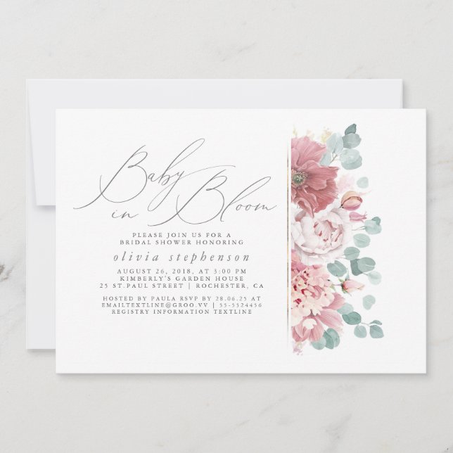 Invitación Bebé en el Baby Shower de flores rosadas polvorien (Anverso)
