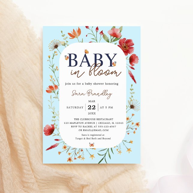 Invitación Bebé en el Baby Shower de Flores Silvestres Blanda (Baby in Bloom Soft Blue Boho Watercolor Wildflowers Butterfly Baby Shower Invitation
)
