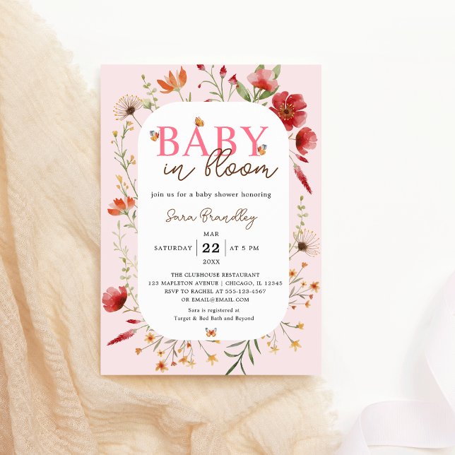 Invitación Bebé en el Baby Shower de flores silvestres de col (Baby in Bloom Soft Pink Boho  Wildflowers Butterfly Baby Shower Invitation
)
