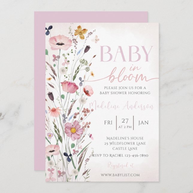 Invitación Bebé en el Baby Shower de flores silvestres rosada (Anverso / Reverso)