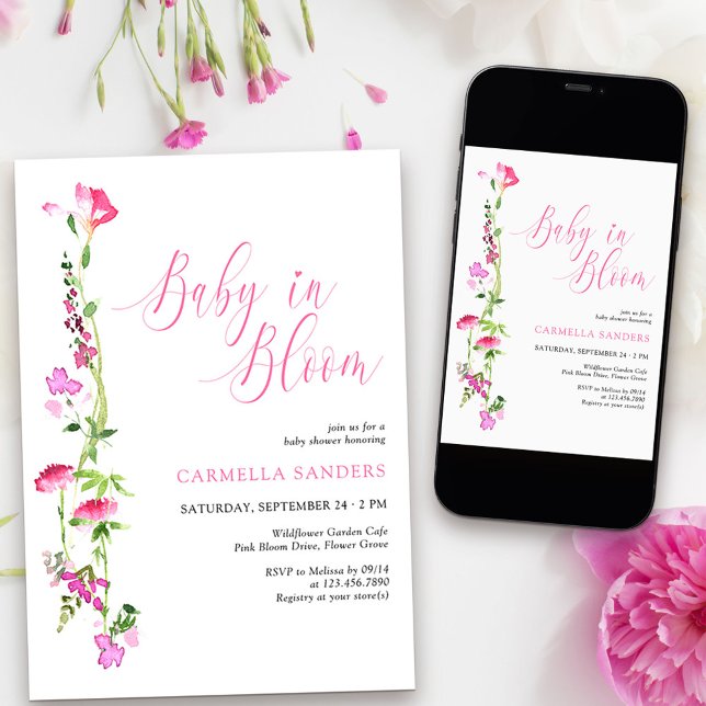 Invitación Bebé en el Baby Shower de flores silvestres rosada (Baby in Bloom Baby Shower Invitation from my Pink Wildflower Collection
)