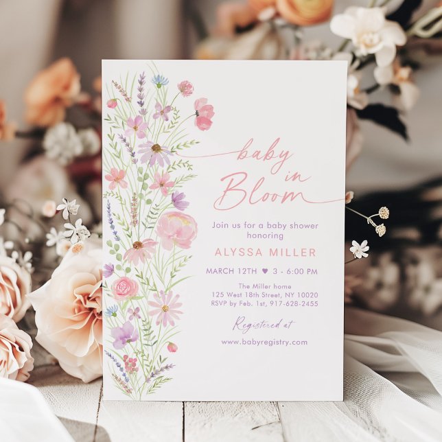 Invitación Bebé en el Baby Shower de flores silvestres rosada (Subido por el creador)