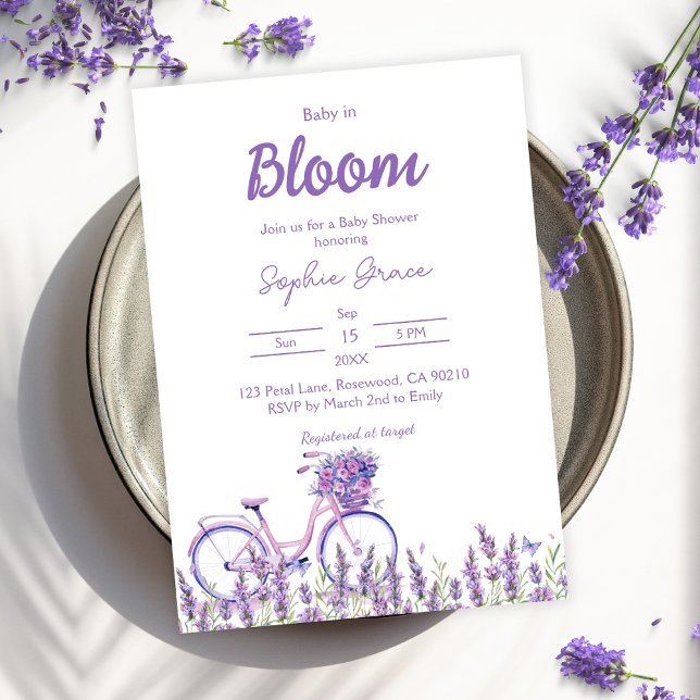 Invitación Bebé en el Baby Shower de la bicicleta Lavender en (Subido por el creador)