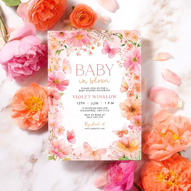 Invitación Bebé en el Baby Shower de la mariposa mariposa (Bright Baby in Bloom Baby Shower invitation with flowers and butterflies)