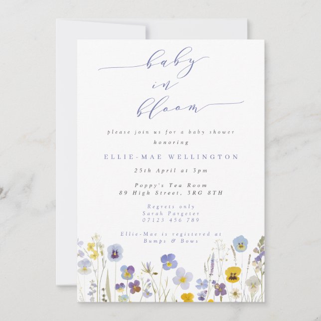 Invitación Bebé en el Baby Shower de los Pansies Azules y Ama (Anverso)