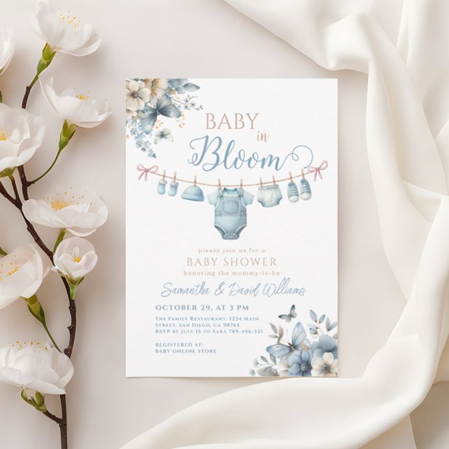 Invitación Bebé en el Baby Shower de mariposa de flores azule (Subido por el creador)