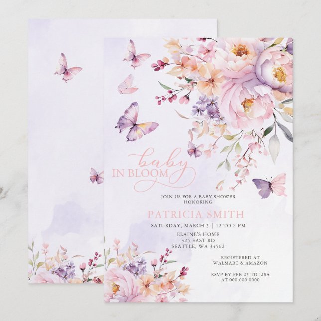 Invitación Bebé en el Baby Shower de mariposas rosadas púrpur (Anverso / Reverso)