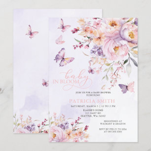 Invitación Bebé en el Baby Shower de mariposas rosadas púrpur