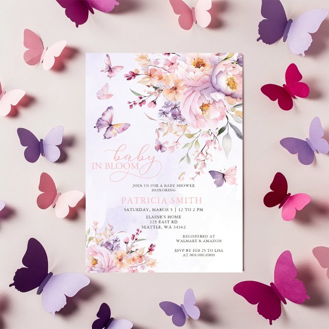 Invitación Bebé en el Baby Shower de mariposas rosadas púrpur (Baby in Bloom Pink Purple Butterflies Baby Shower Invitation)