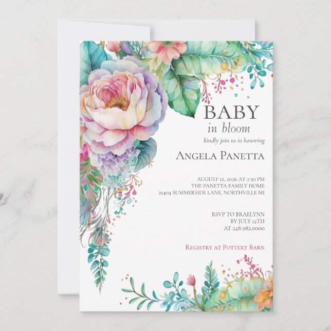 Invitación Bebé en el Baby Shower de una bebé en flor (Anverso)