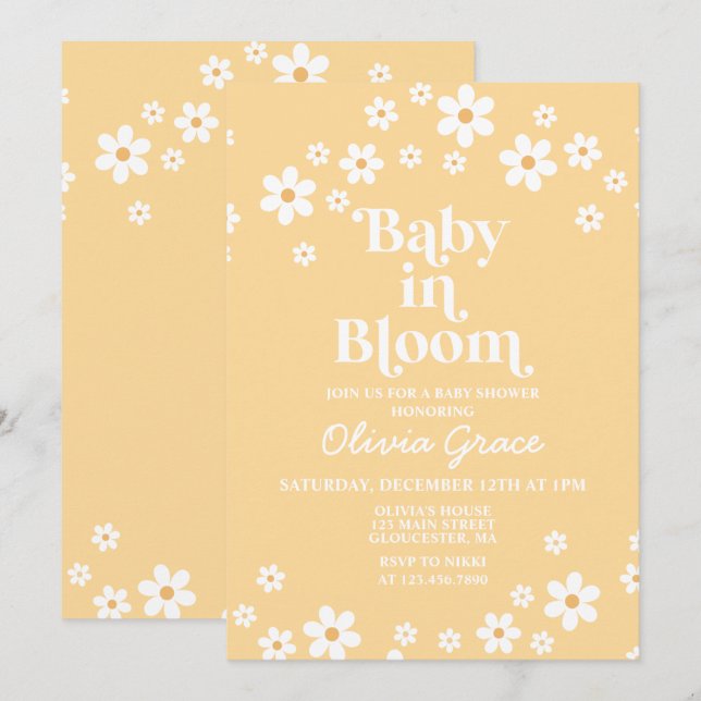 Invitación Bebé en el Baby Shower floral amarillo de Daisy en (Anverso / Reverso)