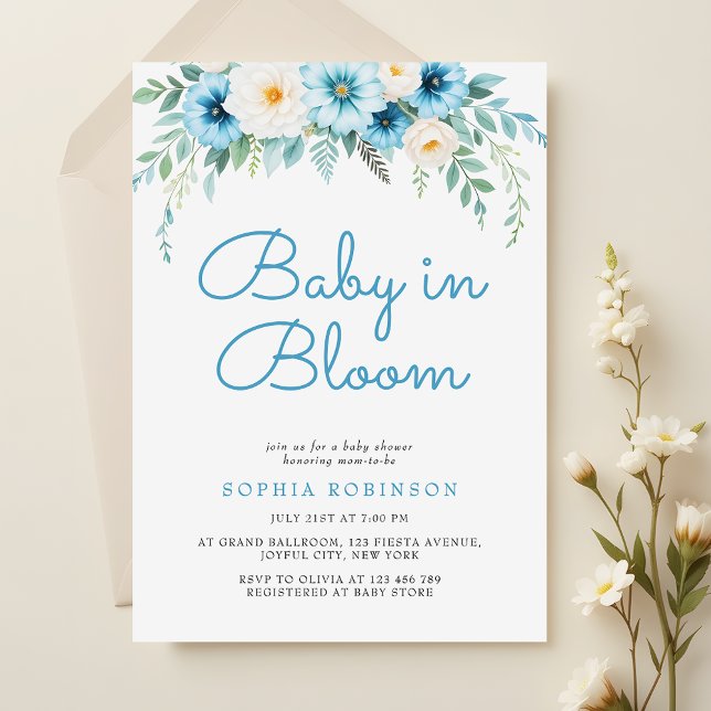 Invitación Bebé en el Baby Shower floral azul en Bloom Pastel (Subido por el creador)