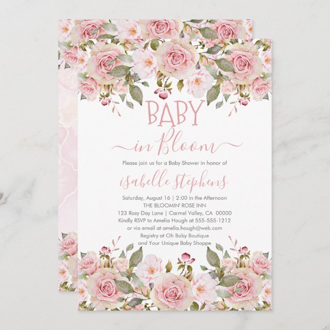Invitación Bebé en el Baby Shower floral rosa en flor (Anverso / Reverso)