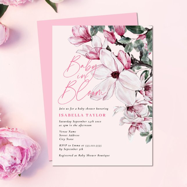 Invitación Bebé en el Baby Shower floral rosa en flor (Subido por el creador)