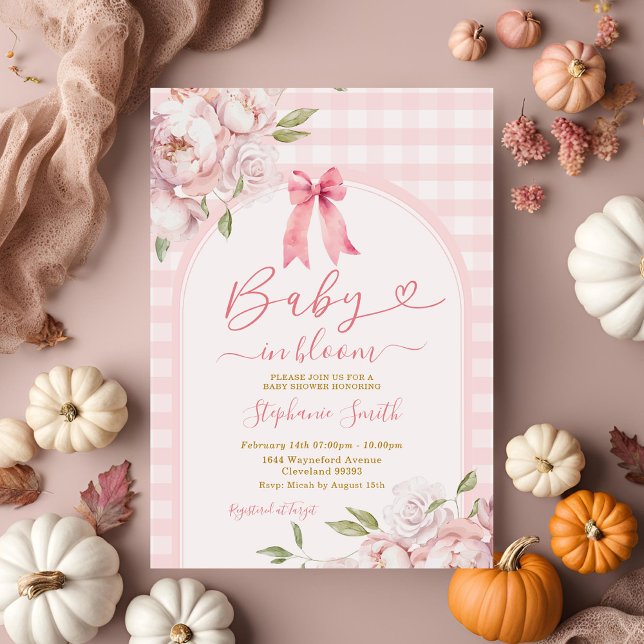 Invitación Bebé en el Baby Shower floral rosado de Gingham (Subido por el creador)