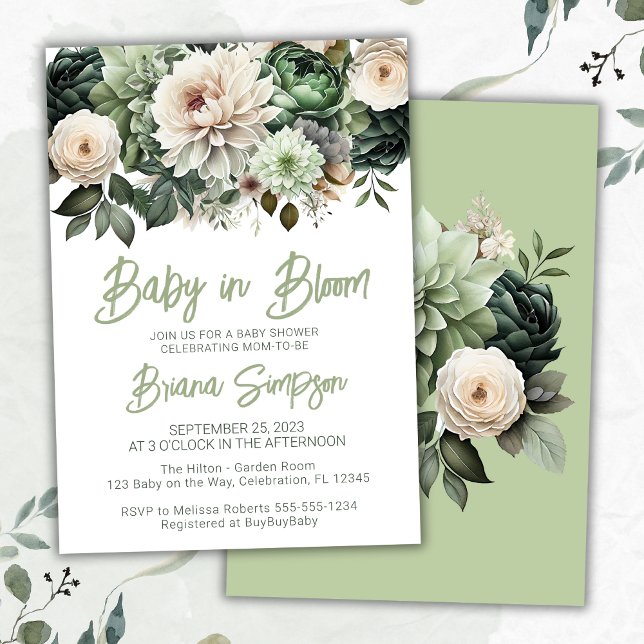 Invitación Bebé en el Baby Shower floral verde de Sage (Subido por el creador)