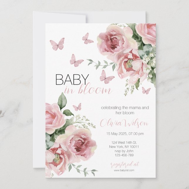 Invitación Bebé en el Baby Shower floral y mariposa en Bloom (Anverso)