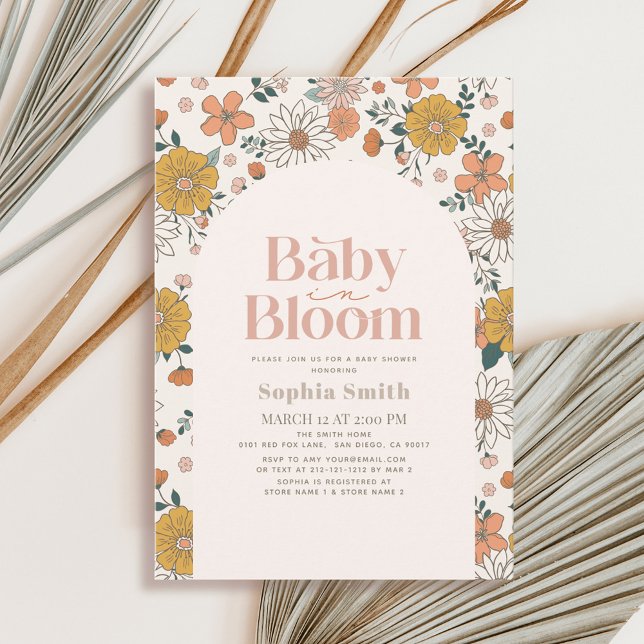 Invitación Bebé en el Baby Shower rosa del arco floral retro  (Subido por el creador)