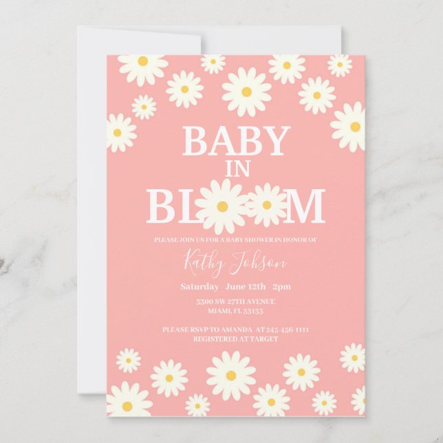 Invitación Bebé en el Baby Shower rosa floral de Daisy en Blo (Anverso)