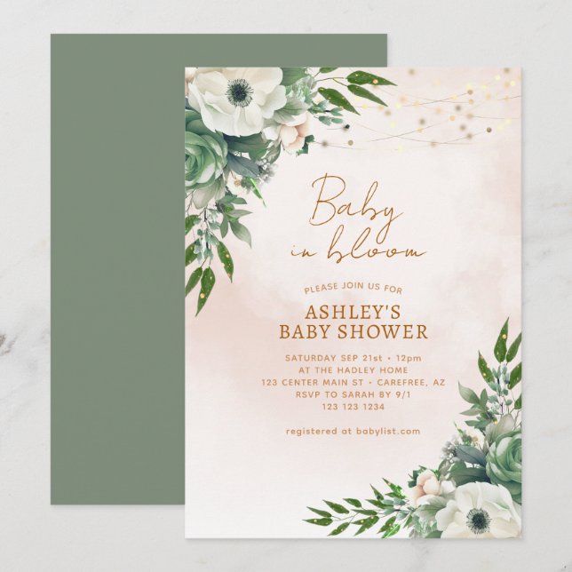 Invitación Bebé en el Baby Shower verde de Sage (Anverso / Reverso)