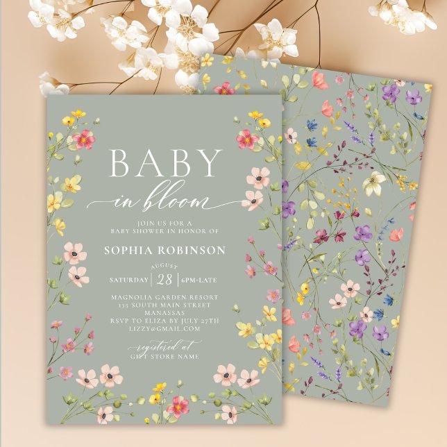 Invitación Bebé en el Baby Shower verde floreciente del Boho  (Subido por el creador)