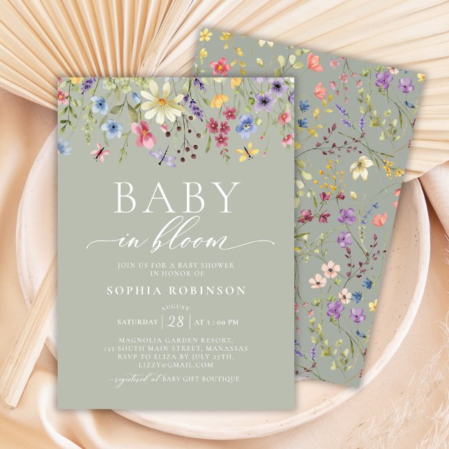 Invitación Bebé en el Baby Shower verde floreciente del Boho  (Subido por el creador)