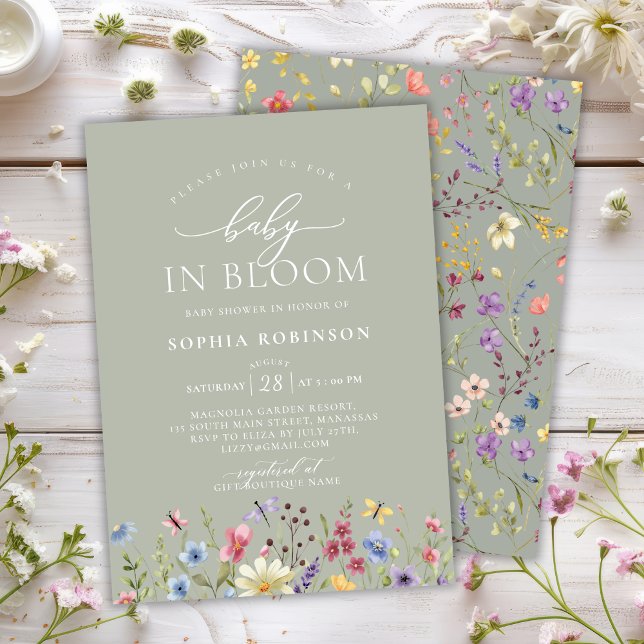 Invitación Bebé en el Baby Shower verde floreciente del Boho  (Subido por el creador)