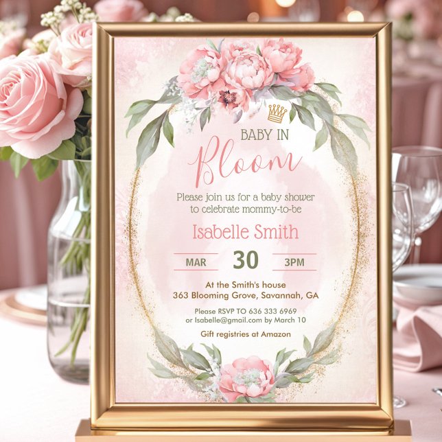 Invitación Bebé En El Chica Elegante Floral Rosa De Bloom Bab (Baby In Bloom Pink Floral Elegant Girl Baby Shower Invitation)